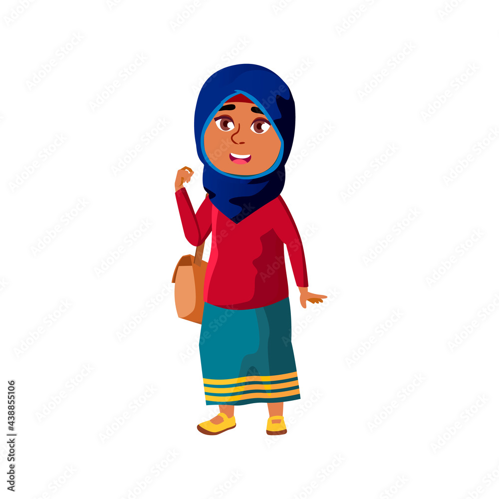 happy arab girl child with bag go to elementary school cartoon vector. happy arab girl child with bag go to elementary school character. isolated flat cartoon illustration happy arab girl child with bag go to elementary school cartoon vector. happy arab girl child with bag go to elementary school character. isolated flat cartoon illustration