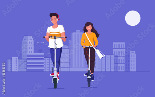 Young man and woman riding electric push scooters on road in city. Eco-friendly transport  in a modern city. Vector illustration