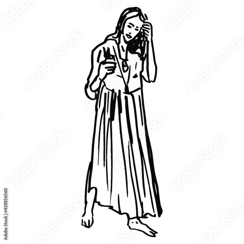 Standing beautiful barefoot young woman in long fancy dress. Pretty lady with loose hair in fanciful gown holding glass of wine. Hand drawn linear doodle rough sketch. Black silhouette on white.