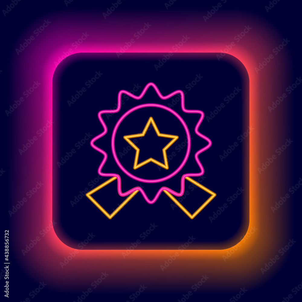 Glowing neon line Medal with star icon isolated on black background. Winner achievement sign. Award medal. Colorful outline concept. Vector Glowing neon line Medal with star icon isolated on black background. Winner achievement sign. Award medal. Colorful outline concept. Vector