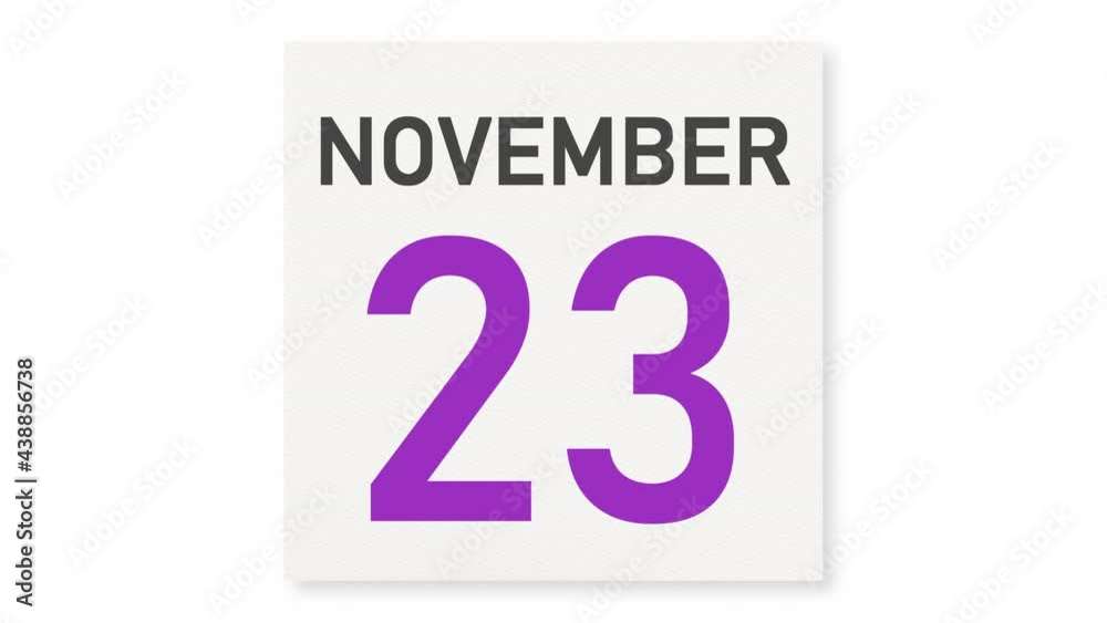 November 23 date behind crumpled paper page of a calendar, 3d animation November 23 date behind crumpled paper page of a calendar, 3d animation