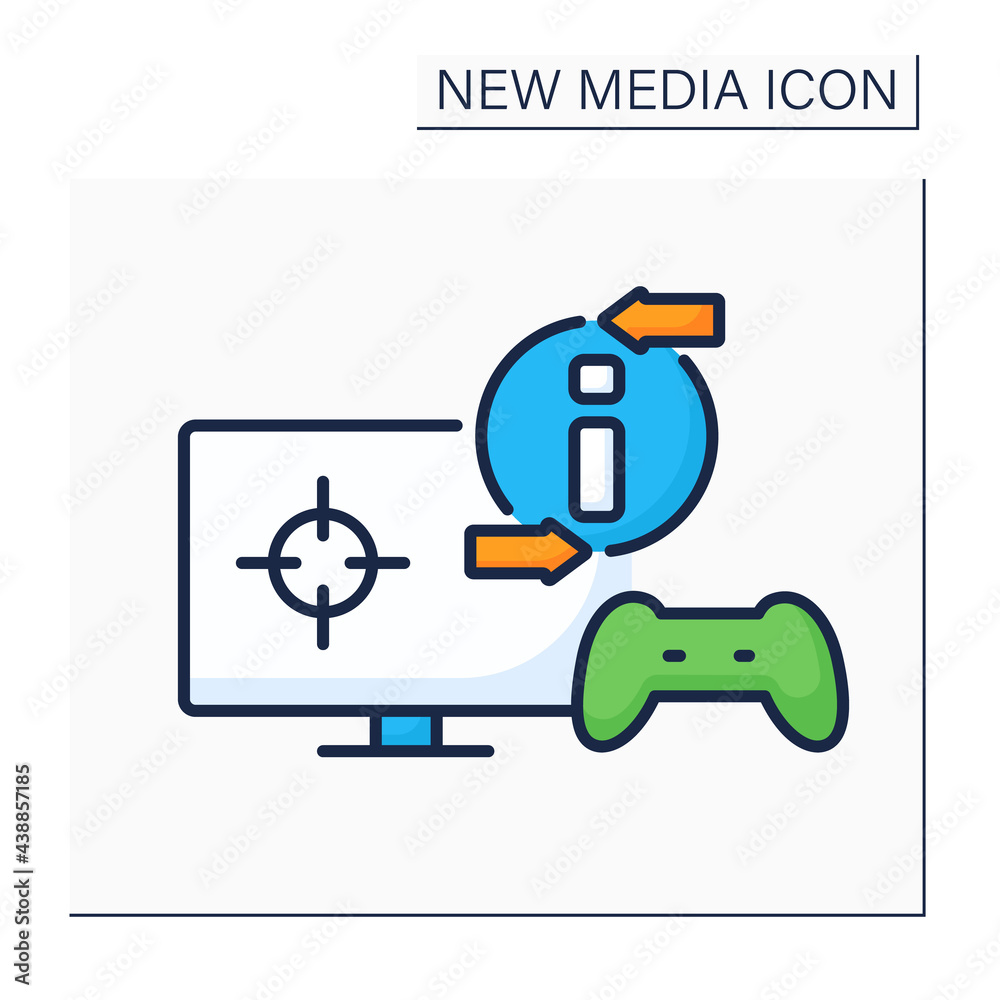 Video game color icon. Online gaming process. Interaction with players. Input device. Joystick, monitor. New media concept. Isolated vector illustration