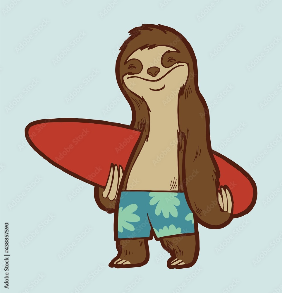 Fototapeta premium Sloth surfer cute summer sports animal character isolated vector illustration.