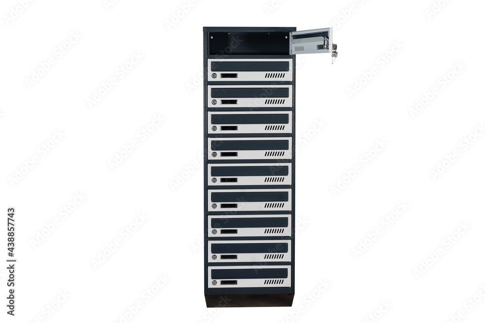 Mailboxes in the condo. metal mailbox with lockable center in condo. Mailbox on the white background isolated