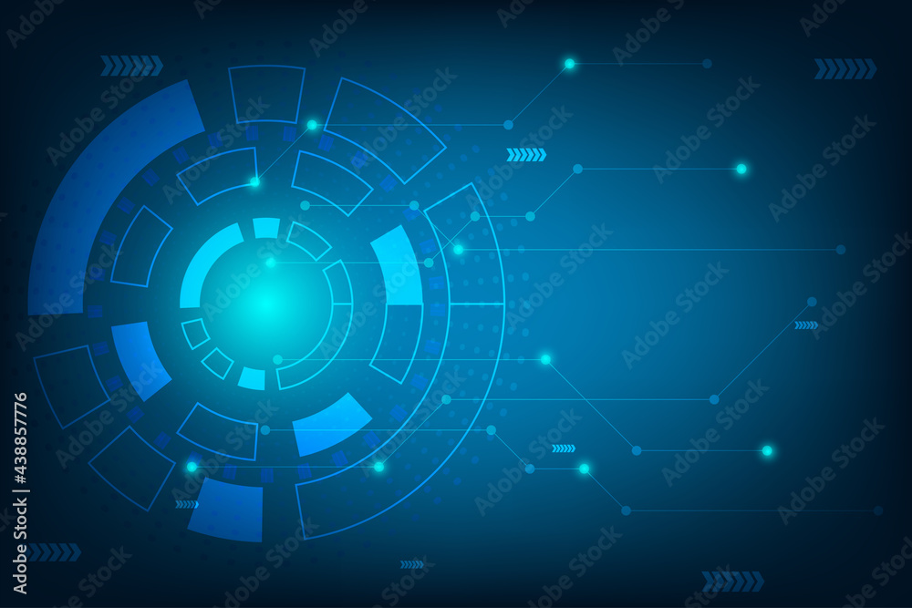 Abstract Technology background with circle line with line and dot connection. Deep Blue blank space for design and create presentation.