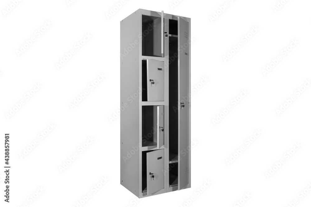 Metal lockers for locker room. Change room metal locker box on the white background isolated Metal lockers for locker room. Change room metal locker box on the white background isolated