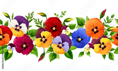 Vector horizontal seamless border with red, orange, yellow, blue and purple pansy flowers.