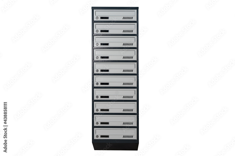 Mailboxes in the condo. metal mailbox with lockable center in condo. Mailbox on the white background isolated