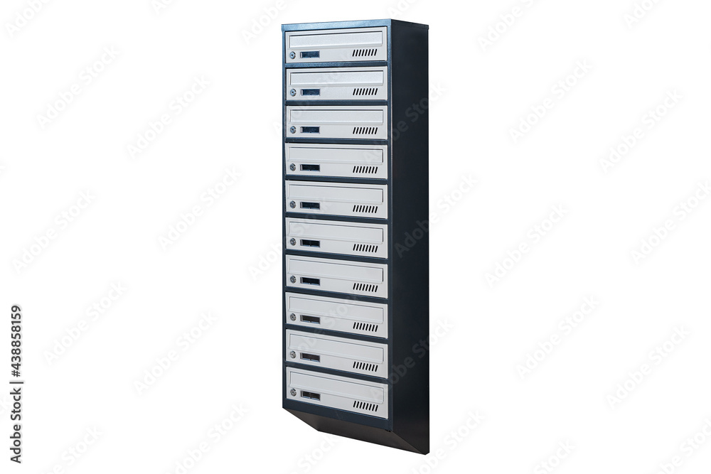 Mailboxes in the condo. metal mailbox with lockable center in condo. Mailbox on the white background isolated Mailboxes in the condo. metal mailbox with lockable center in condo. Mailbox on the white background isolated