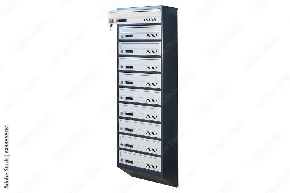 Mailboxes in the condo. metal mailbox with lockable center in condo. Mailbox on the white background isolated Mailboxes in the condo. metal mailbox with lockable center in condo. Mailbox on the white background isolated