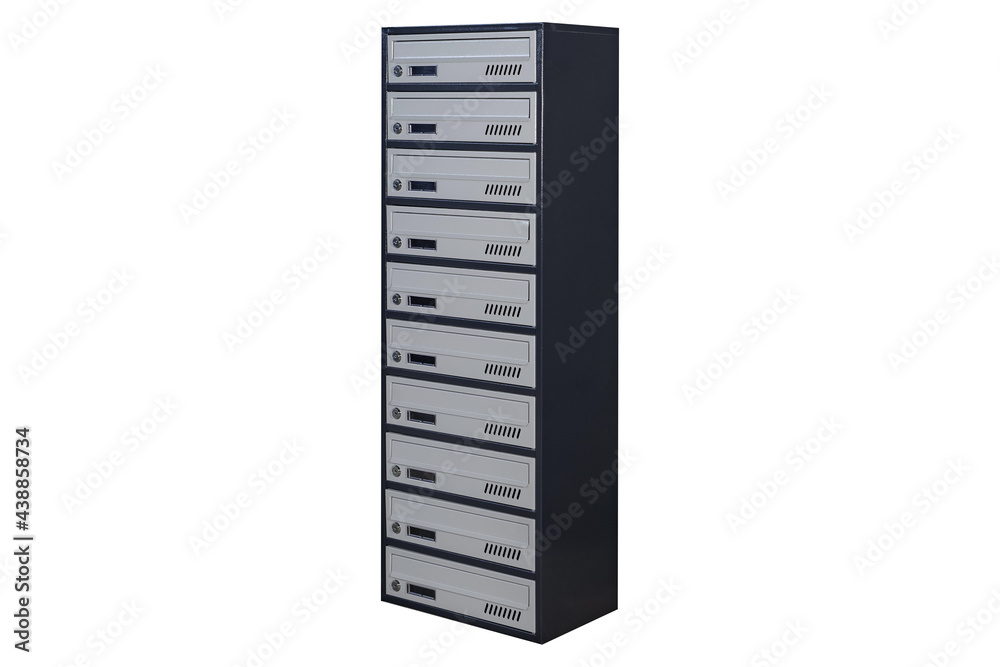 Mailboxes in the condo. metal mailbox with lockable center in condo. Mailbox on the white background isolated Mailboxes in the condo. metal mailbox with lockable center in condo. Mailbox on the white background isolated