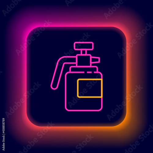 Glowing neon line Garden sprayer for water, fertilizer, chemicals icon isolated on black background. Colorful outline concept. Vector