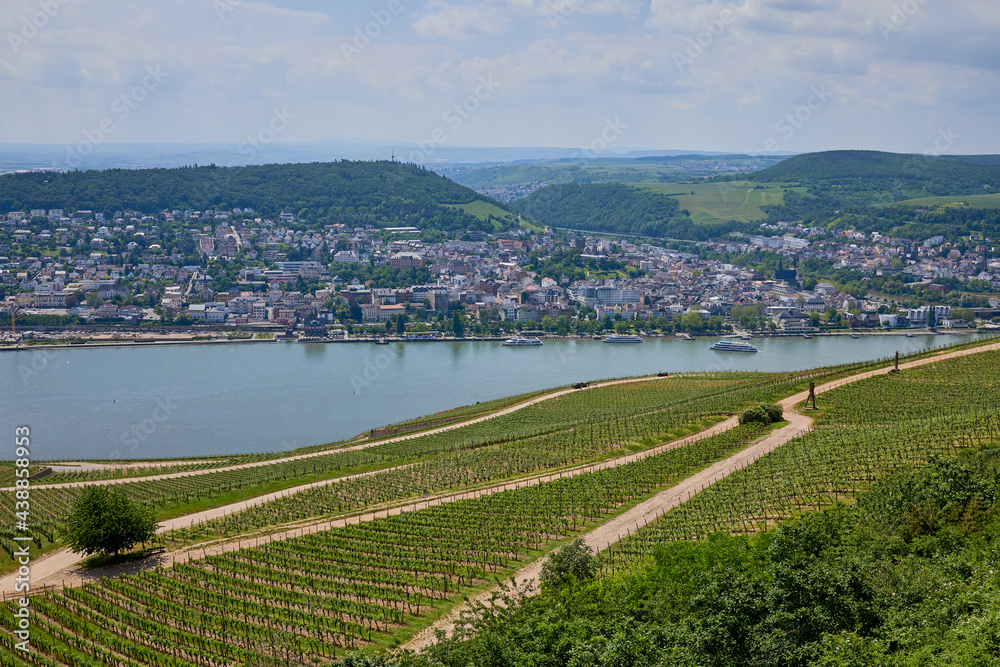 view from Germania in Ruedesheim, Germany to the city Bingen in Rhineland-Palatinate