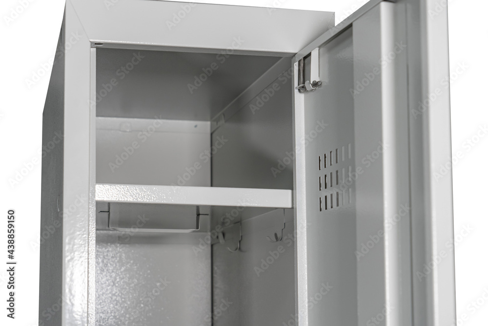 Fragment of the door of metal lockers for locker room. Change room metal locker box on the white background isolated. Fragment of the door of metal lockers for locker room. Change room metal locker box on the white background isolated.
