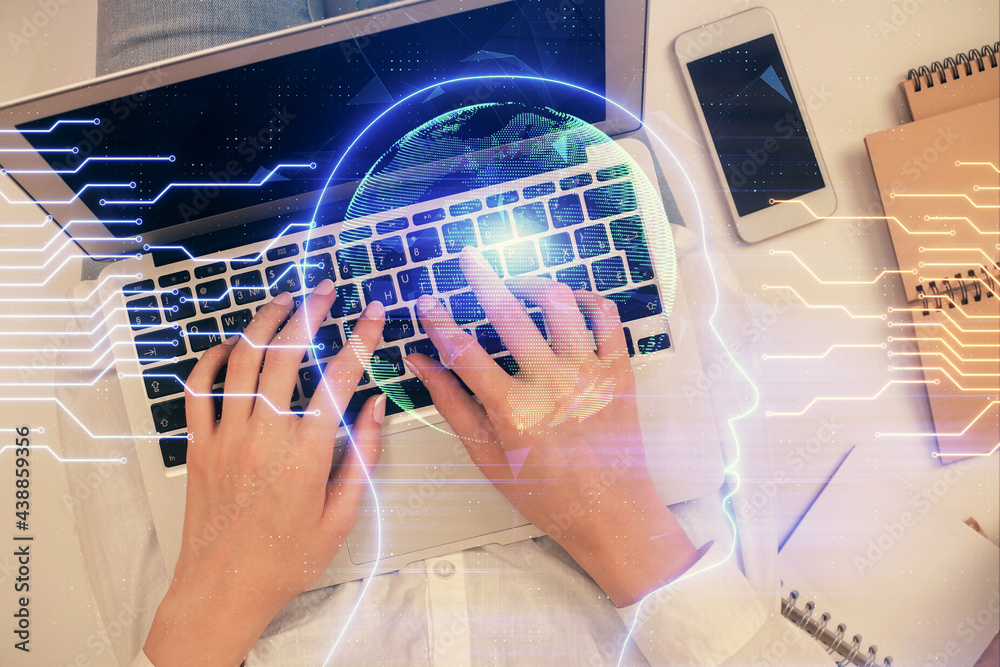 Double exposure of woman working on computer andhuman brain hologram drawing. Top View. Ai concept. Double exposure of woman working on computer andhuman brain hologram drawing. Top View. Ai concept.