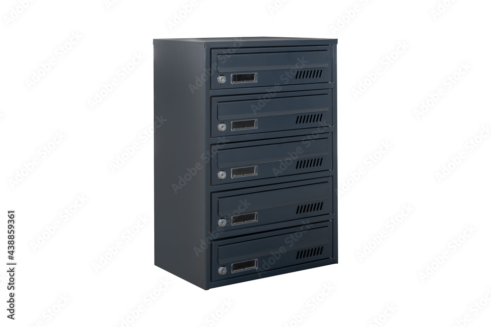 Mailboxes in the condo. metal mailbox with lockable center in condo. Mailbox on the white background isolated Mailboxes in the condo. metal mailbox with lockable center in condo. Mailbox on the white background isolated