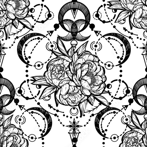 Vector illustration,  Alchemy, magical astrology, spirituality and occultism, Handmade, print on t-shirt, tattoo, light  background, seamless pattern