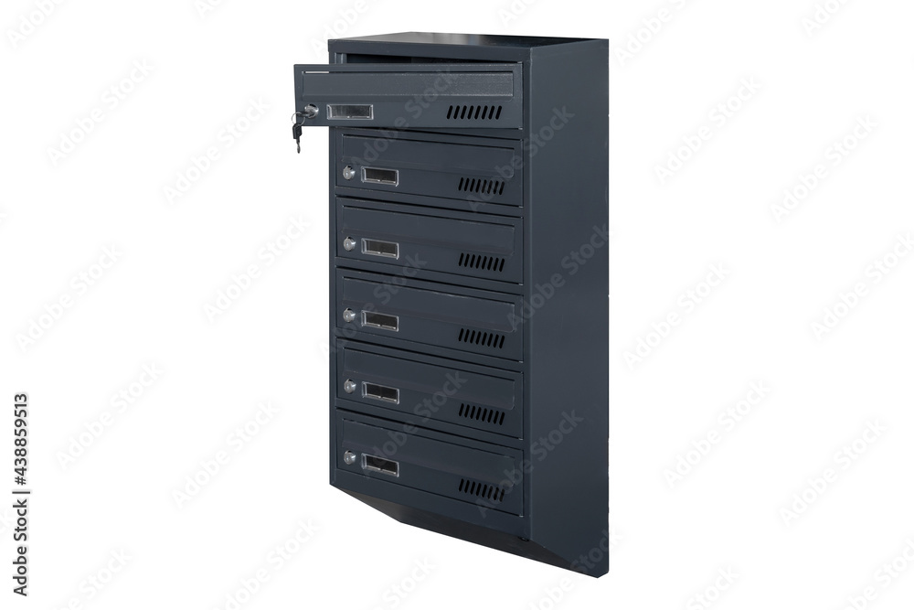 Mailboxes in the condo. metal mailbox with lockable center in condo. Mailbox on the white background isolated Mailboxes in the condo. metal mailbox with lockable center in condo. Mailbox on the white background isolated