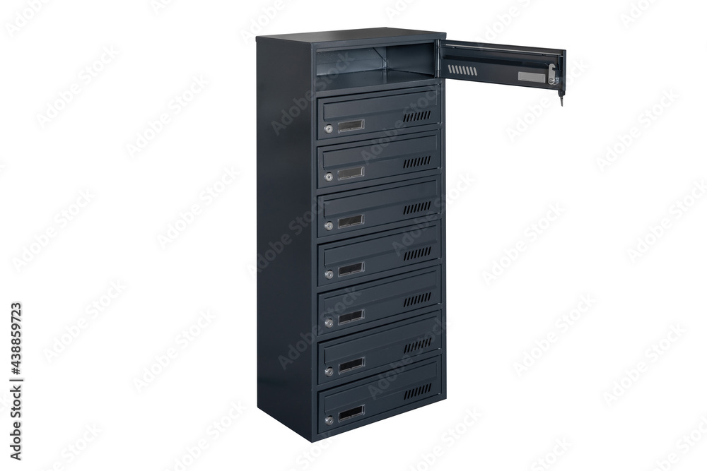 Mailboxes in the condo. metal mailbox with lockable center in condo. Mailbox on the white background isolated Mailboxes in the condo. metal mailbox with lockable center in condo. Mailbox on the white background isolated