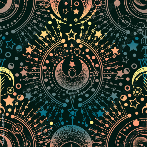 Vector illustration,  Alchemy, magical astrology, spirituality and occultism, print on t-shirt, Handmade, green  background, seamless pattern