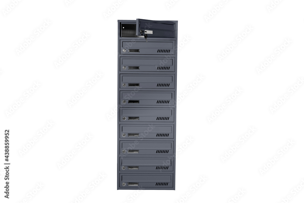Mailboxes in the condo. metal mailbox with lockable center in condo. Mailbox on the white background isolated Mailboxes in the condo. metal mailbox with lockable center in condo. Mailbox on the white background isolated
