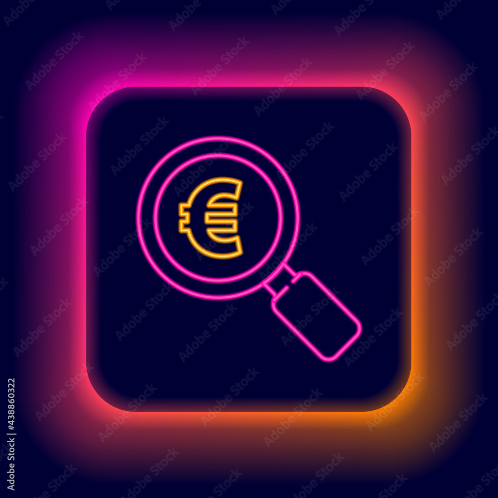 Glowing neon line Magnifying glass and euro symbol icon isolated on black background. Find money. Looking for money. Colorful outline concept. Vector Glowing neon line Magnifying glass and euro symbol icon isolated on black background. Find money. Looking for money. Colorful outline concept. Vector