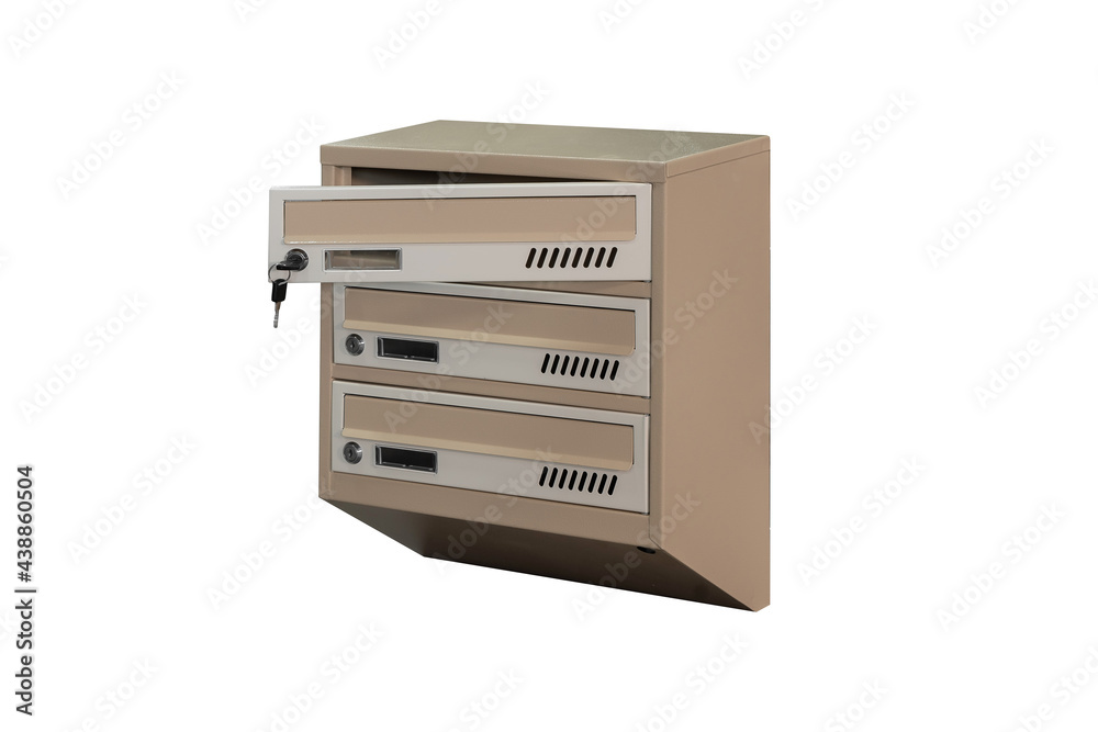 Mailboxes in the condo. metal mailbox with lockable center in condo. Mailbox on the white background isolated Mailboxes in the condo. metal mailbox with lockable center in condo. Mailbox on the white background isolated
