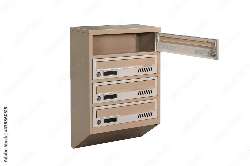 Mailboxes in the condo. metal mailbox with lockable center in condo. Mailbox on the white background isolated Mailboxes in the condo. metal mailbox with lockable center in condo. Mailbox on the white background isolated