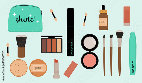 Women's basic make-up set. Cosmetic bag, mascara, brushes, lipstick, blush, eye shadow, concealer, face powder. Natural organic cosmetics. Beauty products. Flat vector illustration