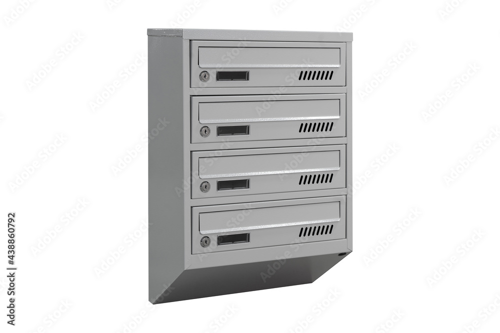 Mailboxes in the condo. metal mailbox with lockable center in condo. Mailbox on the white background isolated Mailboxes in the condo. metal mailbox with lockable center in condo. Mailbox on the white background isolated