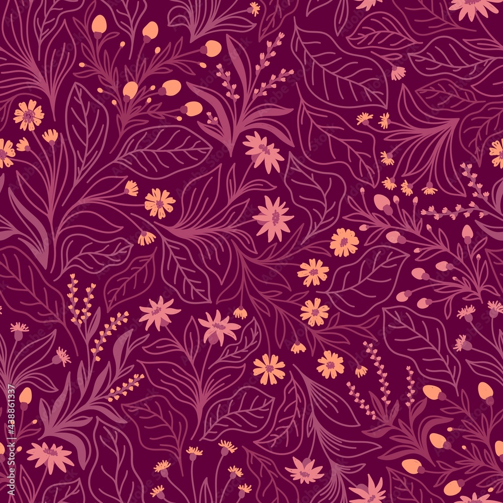 Seamless pattern with different wildflowers and leaves on a lilac background in vector