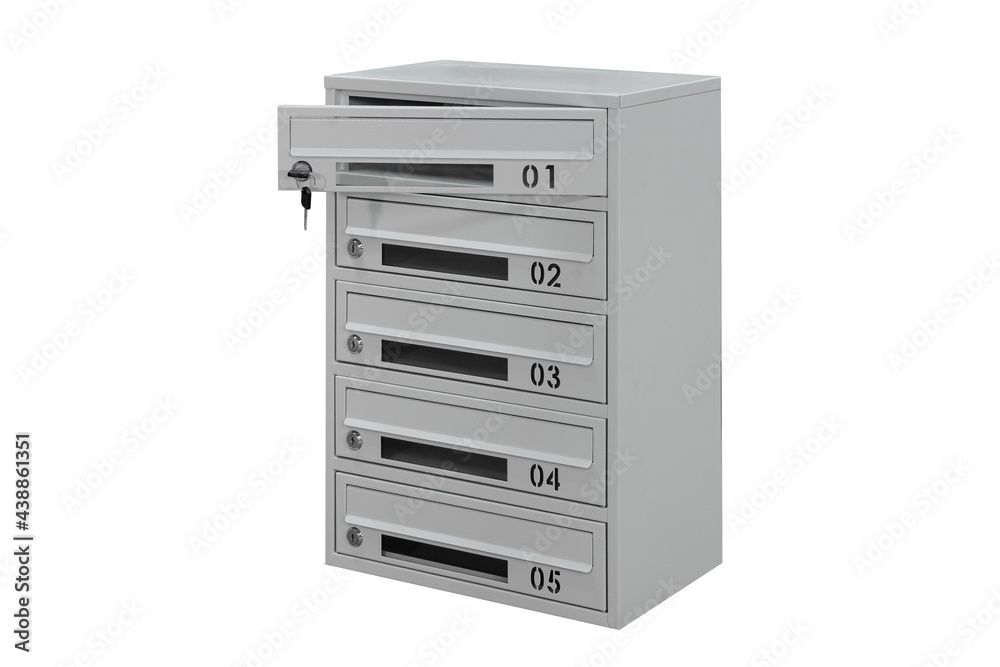 Mailboxes in the condo. metal mailbox with lockable center in condo. Mailbox on the white background isolated Mailboxes in the condo. metal mailbox with lockable center in condo. Mailbox on the white background isolated