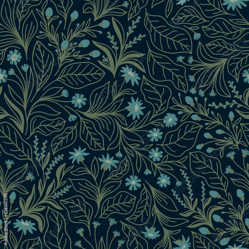 Seamless pattern with different wildflowers and leaves on a blue background in vector
