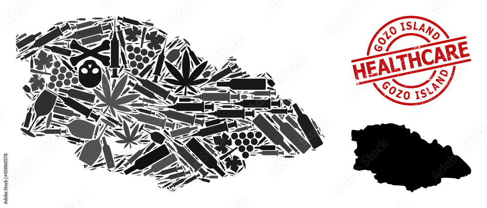 Vector drugs composition map of Gozo Island. Scratched health care round red seal stamp. Template for narcotic addiction and health care agitation. Map of Gozo Island is shaped with injection needles,