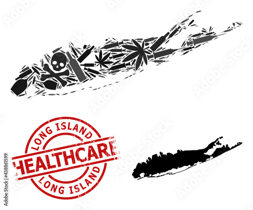Vector narcotic collage map of Long Island. Grunge health care round red rubber imitation. Template for narcotic addiction and health care propaganda.
