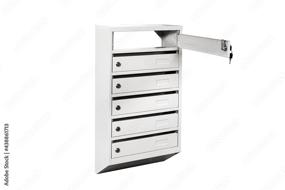 Mailboxes in the condo. metal mailbox with lockable center in condo. Mailbox on the white background isolated Mailboxes in the condo. metal mailbox with lockable center in condo. Mailbox on the white background isolated