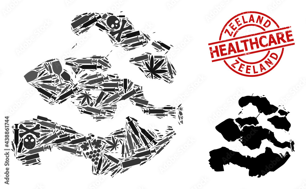 Fototapeta premium Vector addiction composition map of Zeeland Province. Scratched healthcare round red rubber imitation. Template for narcotic addiction and healthcare doctrines.