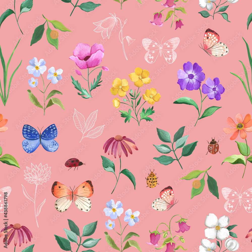 Watercolor illustration butterfly pattern with flowers seamless pattern 