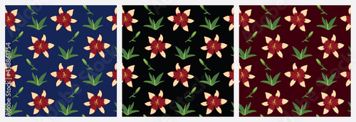 Seamless floral pattern with lily buds blooms and leaves, set of three colorful backgrounds.
