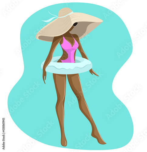 Fashionable tanned girl in a pink swimsuit, with sunglasses, a wide-brimmed hat and inflatable ring for swimming. Summertime, holidays, relaxation, vacation. Vector illustration.