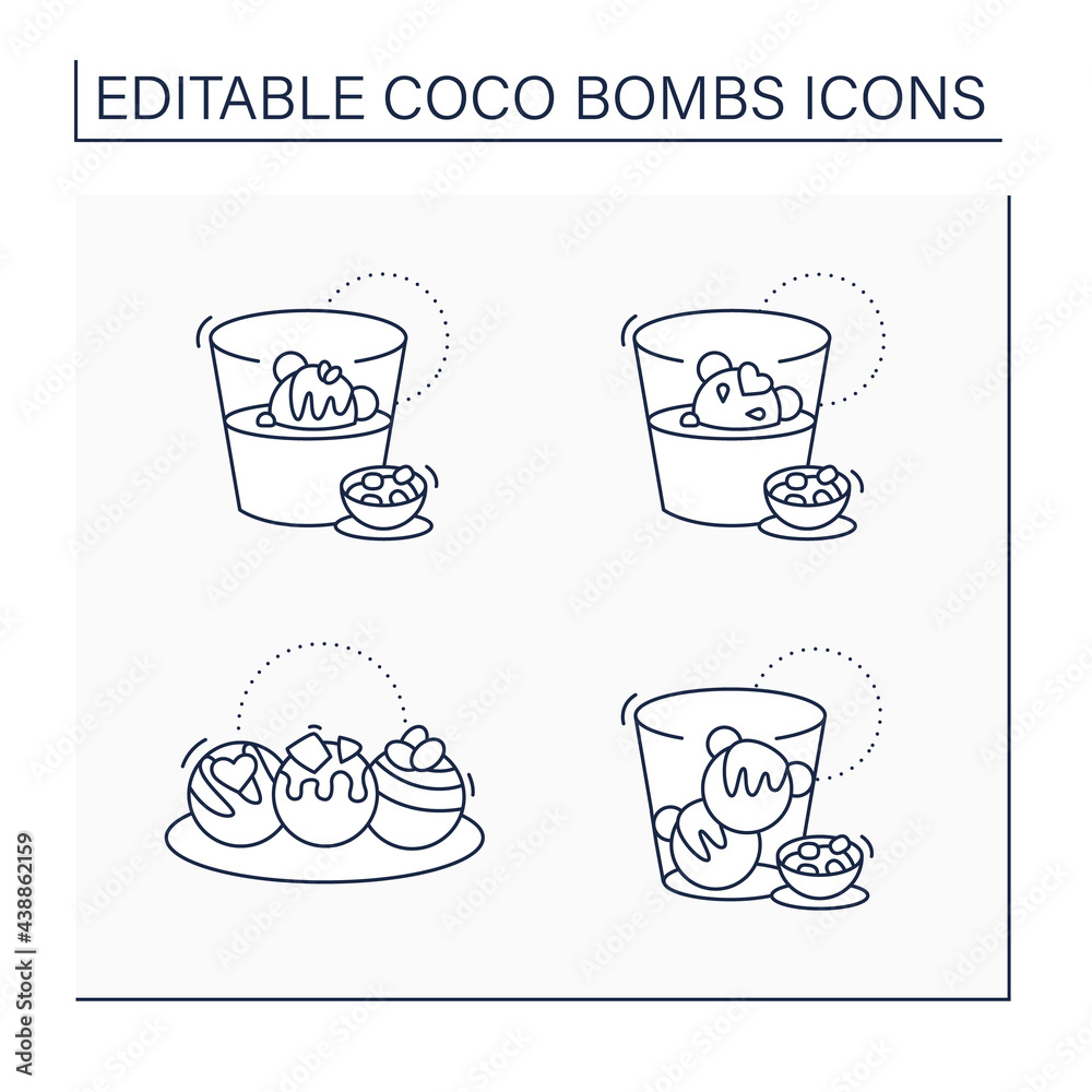 Coco bombs line icons set. Delicious dessert. Cute ball of chocolate with marshmallows filling. Chocolate sweets.Isolated vector illustrations. Editable stroke Coco bombs line icons set. Delicious dessert. Cute ball of chocolate with marshmallows filling. Chocolate sweets.Isolated vector illustrations. Editable stroke