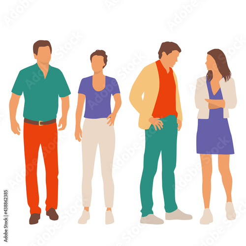  Set of young men and women, different colors, cartoon character, group of silhouettes of standing business people, students, the design concept of flat icon, isolated on white background © Galina