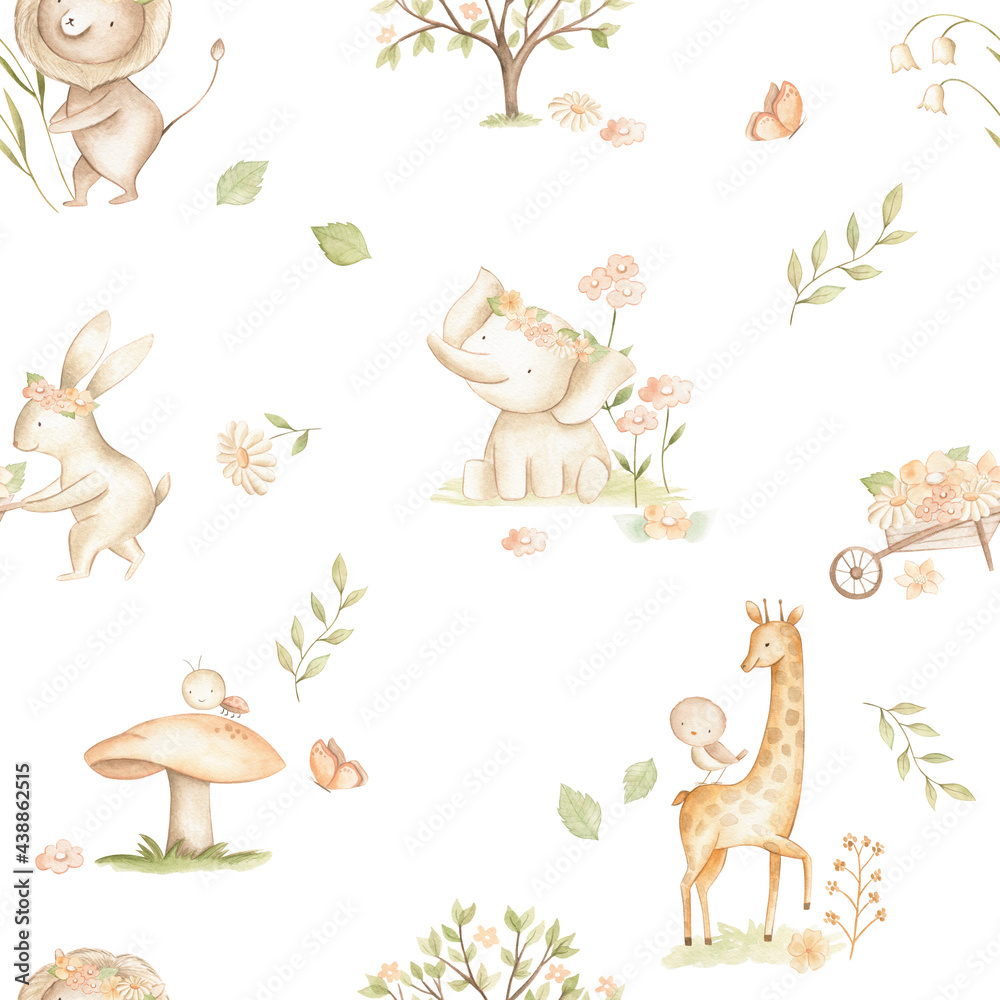 Naklejka premium Watercolor woodland baby animals spring pastel color seamless pattern for nursery 
