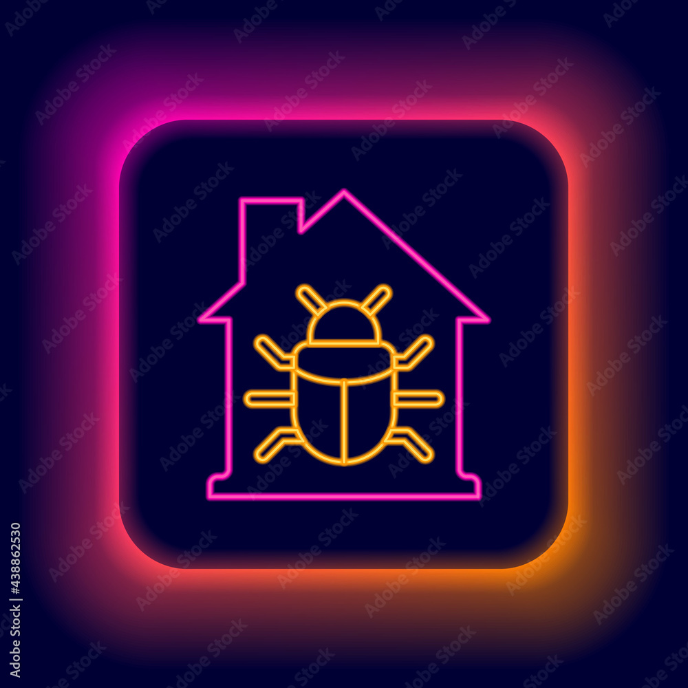 Glowing neon line House system bug concept icon isolated on black background. Code bug concept. Bug in the system. Bug searching. Colorful outline concept. Vector Glowing neon line House system bug concept icon isolated on black background. Code bug concept. Bug in the system. Bug searching. Colorful outline concept. Vector