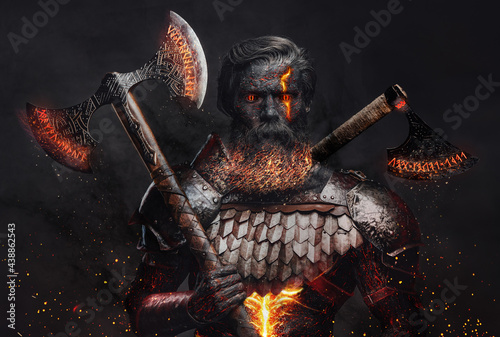 Fényképezés Ancient demonic warrior with axes against dark background