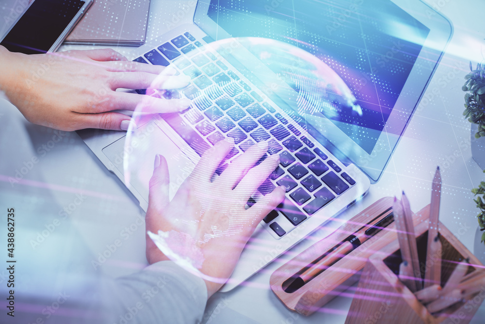 Double exposure of woman hands typing on computer and technology theme drawing. High Tech concept. Double exposure of woman hands typing on computer and technology theme drawing. High Tech concept.