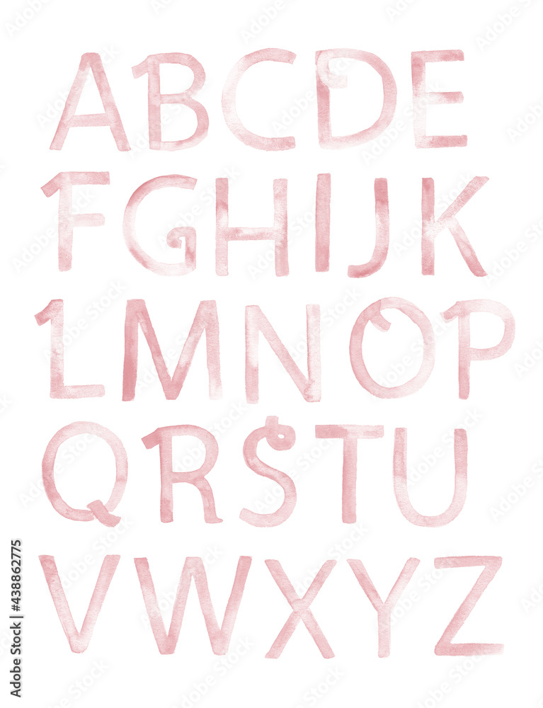 Watercolor alphabet letters in pink for nursery and baby names
