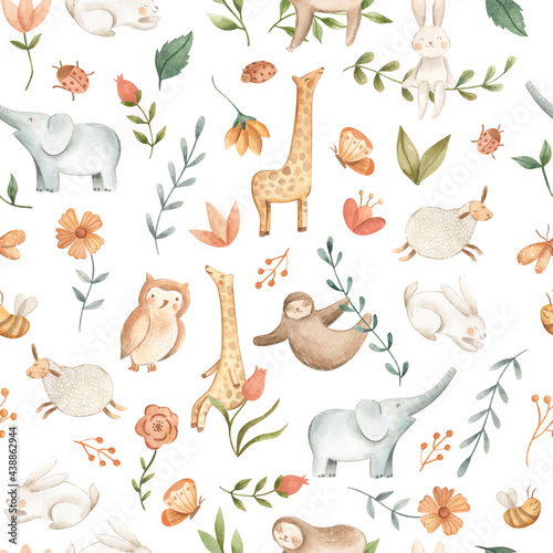 Watercolor baby animals for nursery seamless pattern white 