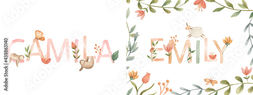 Watercolor alphabet baby names for nursery with cute animals illustration  photo