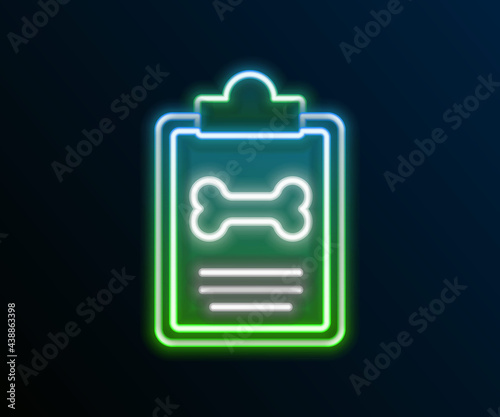 Glowing neon line Clipboard with medical clinical record pet icon isolated on black background. Health insurance form. Medical check marks report. Colorful outline concept. Vector